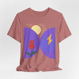 Global Bloom Graphic Tee — Sustainable Earth & Sunrise Design