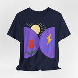 Global Bloom Graphic Tee — Sustainable Earth & Sunrise Design
