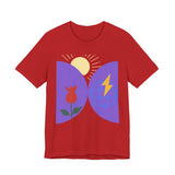 Global Bloom Graphic Tee — Sustainable Earth & Sunrise Design