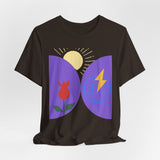 Global Bloom Graphic Tee — Sustainable Earth & Sunrise Design