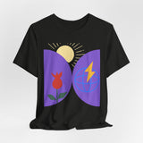 Global Bloom Graphic Tee — Sustainable Earth & Sunrise Design