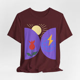 Global Bloom Graphic Tee — Sustainable Earth & Sunrise Design