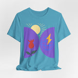 Global Bloom Graphic Tee — Sustainable Earth & Sunrise Design