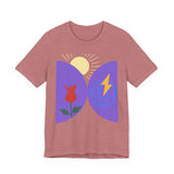 Global Bloom Graphic Tee — Sustainable Earth & Sunrise Design