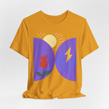 Global Bloom Graphic Tee — Sustainable Earth & Sunrise Design