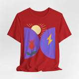 Global Bloom Graphic Tee — Sustainable Earth & Sunrise Design