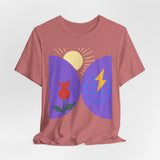 Global Bloom Graphic Tee — Sustainable Earth & Sunrise Design