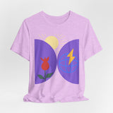 Global Bloom Graphic Tee — Sustainable Earth & Sunrise Design