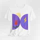 Global Bloom Graphic Tee — Sustainable Earth & Sunrise Design
