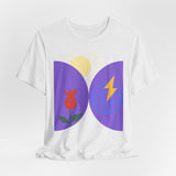 Global Bloom Graphic Tee — Sustainable Earth & Sunrise Design