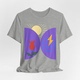 Global Bloom Graphic Tee — Sustainable Earth & Sunrise Design