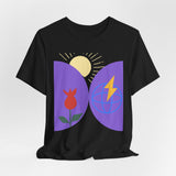 Global Bloom Graphic Tee — Sustainable Earth & Sunrise Design